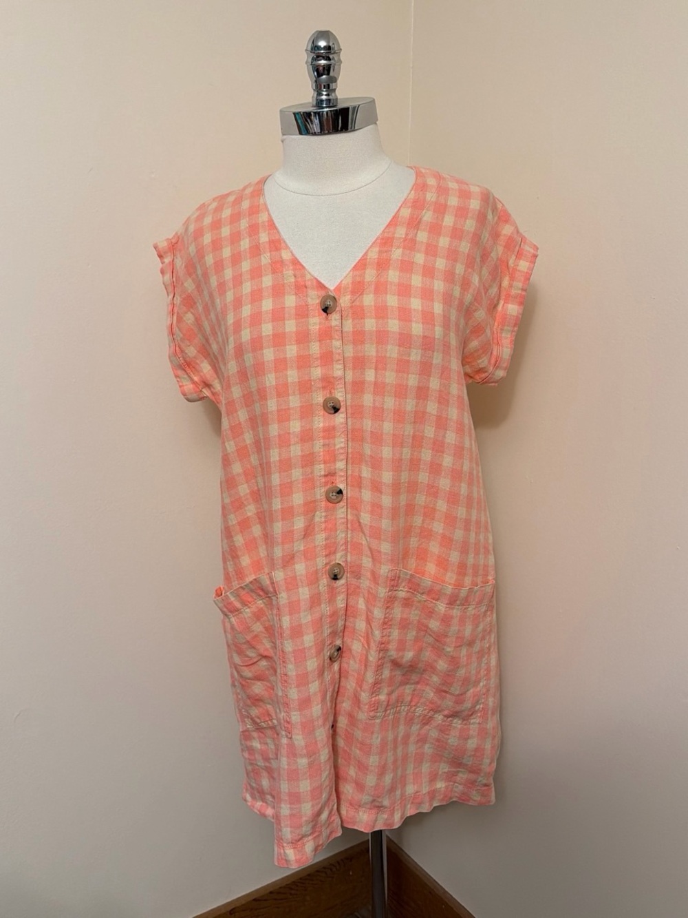 Lou & Grey Pink & Off White Gingham Linen Button Up Dress MP